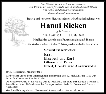 Traueranzeige von Hanni Ricken von Tageszeitung
