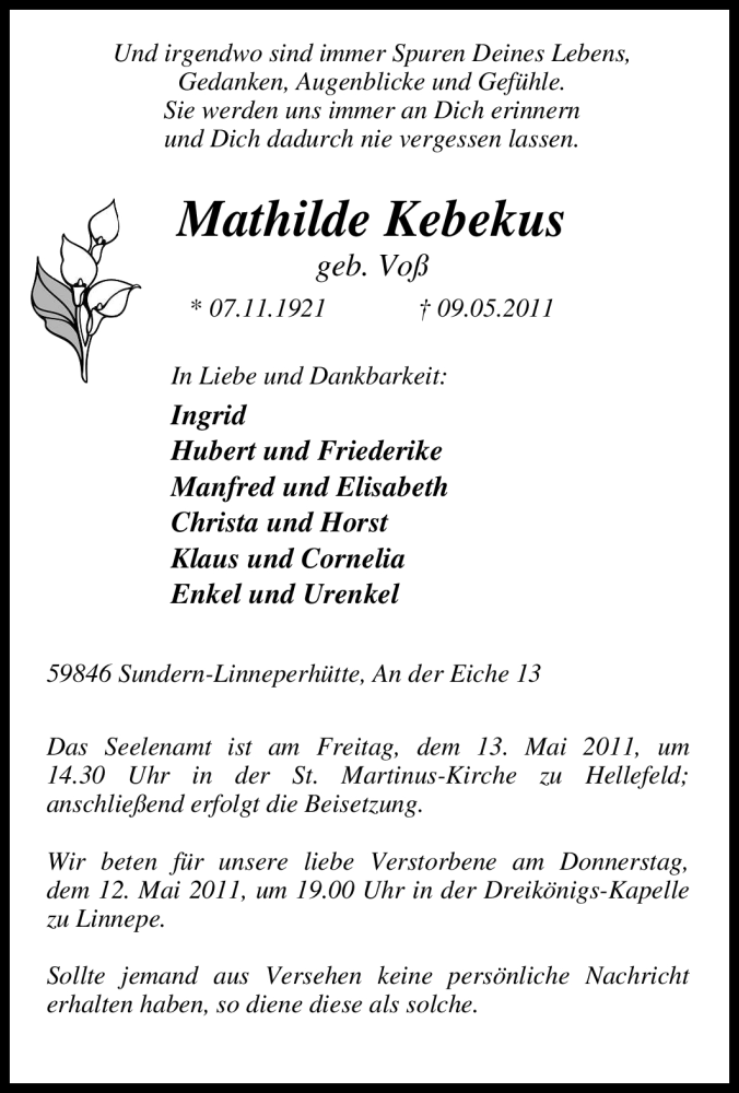  Traueranzeige für Mathilde Kebekus vom 10.05.2011 aus Tageszeitung