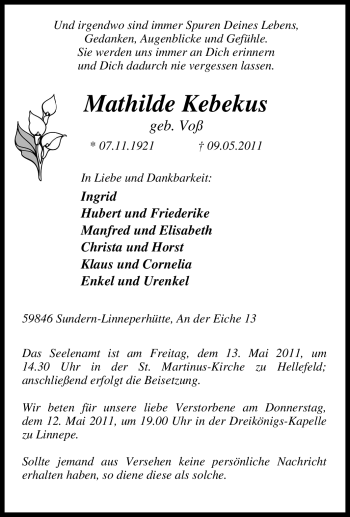Traueranzeige von Mathilde Kebekus von Tageszeitung