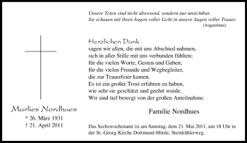 Traueranzeige von Marlies Nordhues von Tageszeitung