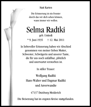 Traueranzeige von Selma Radtki von Tageszeitung