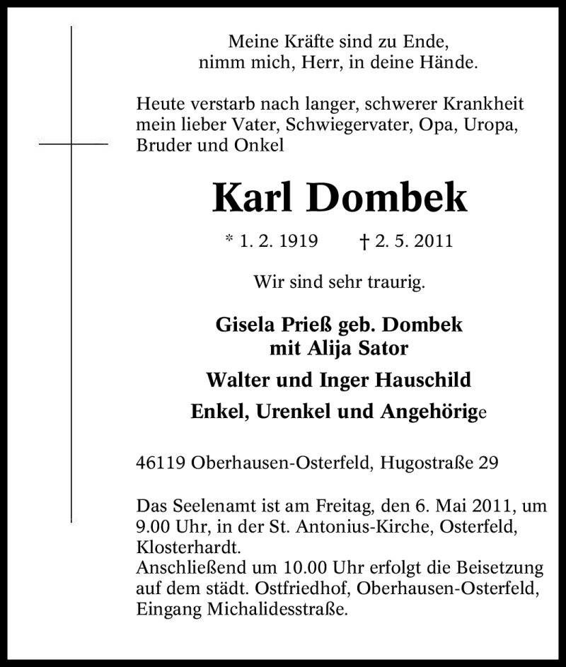  Traueranzeige für Karl Dombek vom 05.05.2011 aus Tageszeitung
