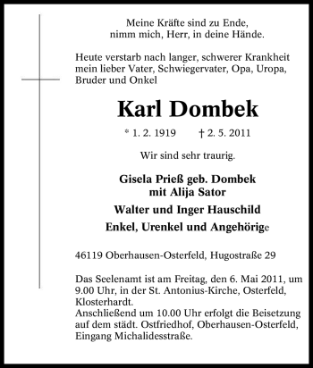 Traueranzeige von Karl Dombek von Tageszeitung