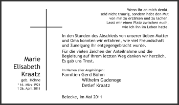 Traueranzeige von Marie Elisabeth Kraatz von Tageszeitung