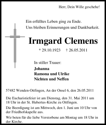 Traueranzeige von Irmgard Clemens von Tageszeitung