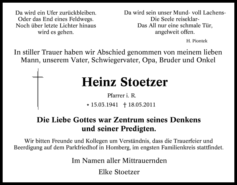  Traueranzeige für Heinz Stoetzer vom 28.05.2011 aus Tageszeitung