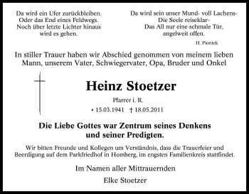 Traueranzeige von Heinz Stoetzer von Tageszeitung