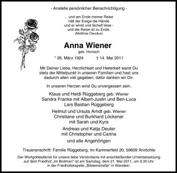 Traueranzeige von Anna Wiener von Tageszeitung