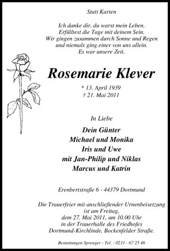Traueranzeige von Rosemarie Klever von Tageszeitung