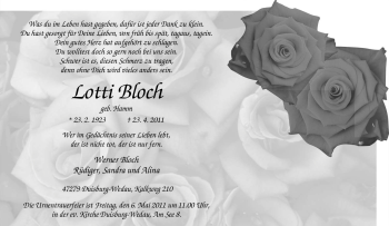 Traueranzeige von Lotti Bloch von Tageszeitung
