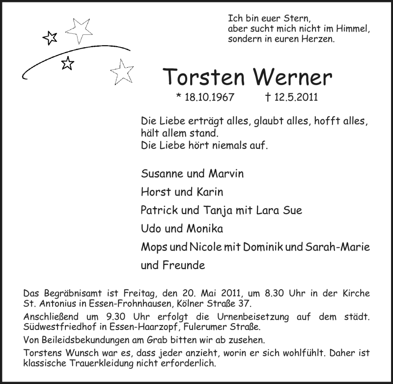  Traueranzeige für Torsten Werner vom 18.05.2011 aus Tageszeitung