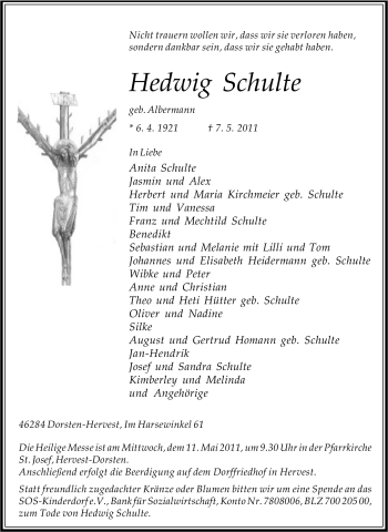 Traueranzeige von Hedwig Schulte von Tageszeitung