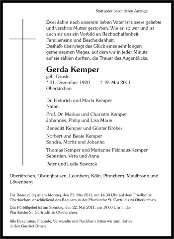 Traueranzeige von Gerda Kemper von Tageszeitung