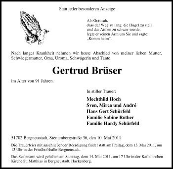 Traueranzeige von Gertrud Brüser von Tageszeitung