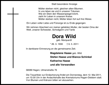 Traueranzeige von Dora Wild von Tageszeitung