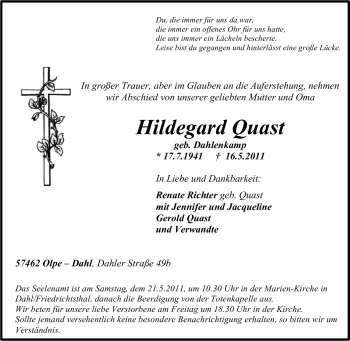 Traueranzeige von Hildegard Quast von Tageszeitung