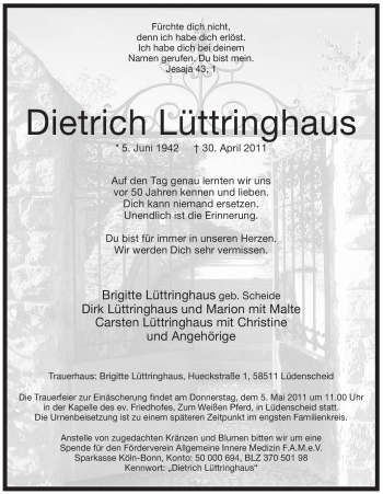 Traueranzeige von Dietrich Lüttringhaus von Tageszeitung