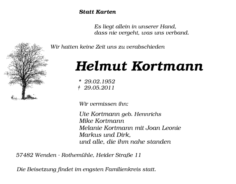  Traueranzeige für Helmut Kortmann vom 31.05.2011 aus Tageszeitung