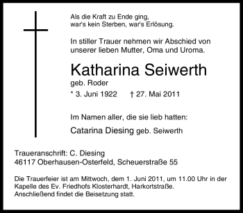Traueranzeige von Katharina Seiwerth von Tageszeitung