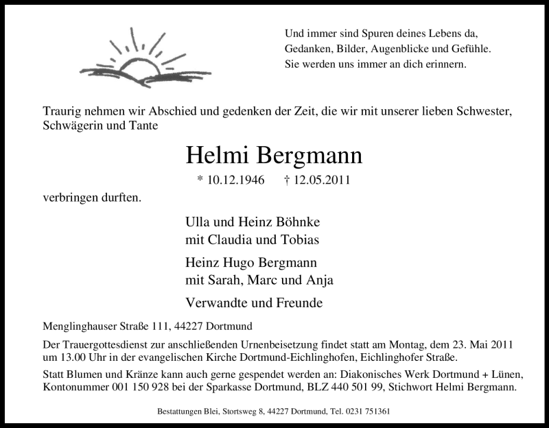  Traueranzeige für Helmi Bergmann vom 17.05.2011 aus Tageszeitung