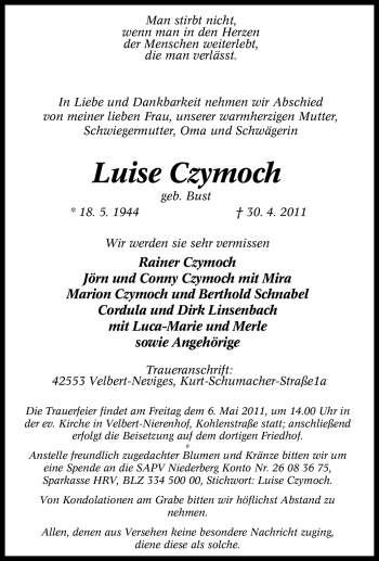Traueranzeige von Luise Czymoch von Tageszeitung