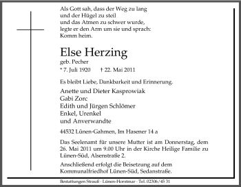 Traueranzeige von Else Herzing von Tageszeitung