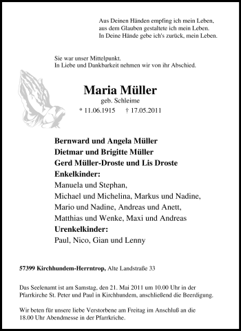 Traueranzeige von Maria Müller von Tageszeitung