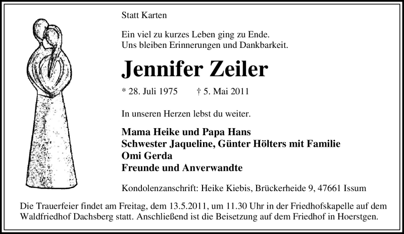  Traueranzeige für Jennifer Zeiler vom 09.05.2011 aus Tageszeitung