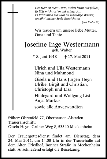 Traueranzeige von Josefine Inge Westermann von Tageszeitung