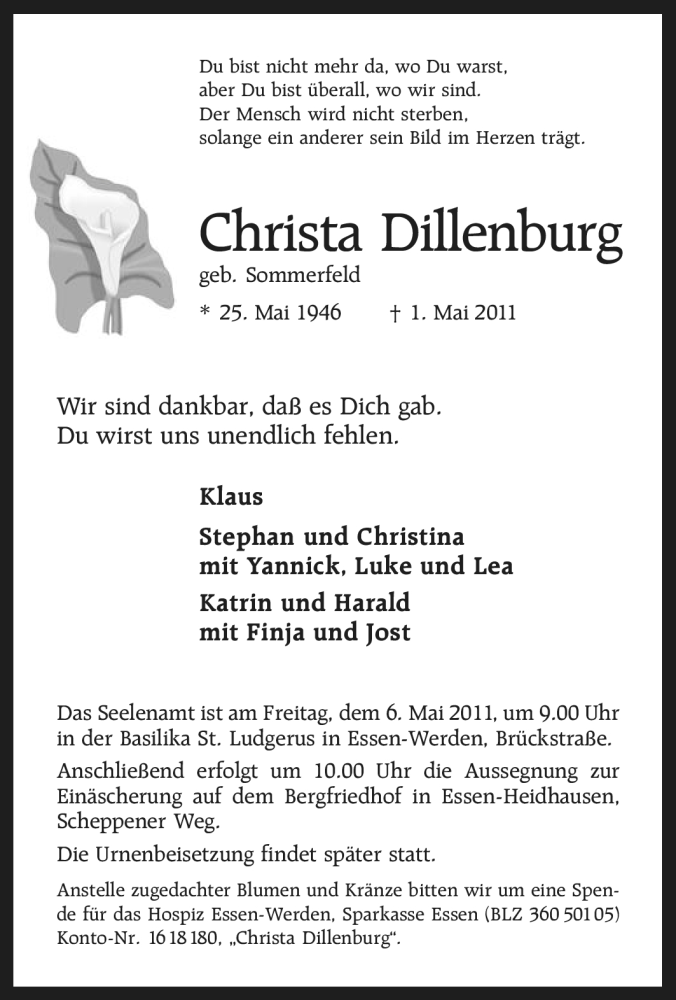  Traueranzeige für Christa Dillenburg vom 04.05.2011 aus Tageszeitung