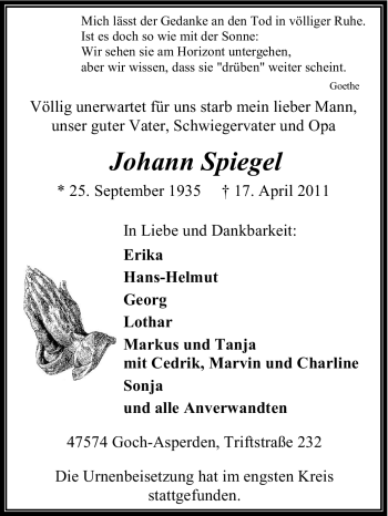 Traueranzeige von Johann Spiegel von Tageszeitung