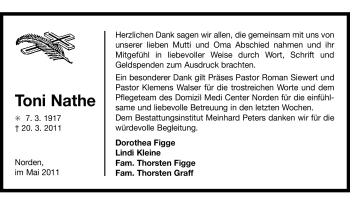 Traueranzeige von Toni Nathe von Tageszeitung