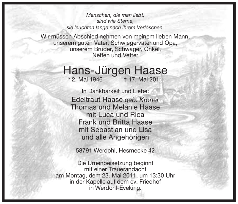  Traueranzeige für Hans-Jürgen Haase vom 19.05.2011 aus Tageszeitung