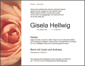 Traueranzeige von Gisela Hellwig von Tageszeitung
