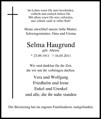 Traueranzeige von Selma Haugrund von Tageszeitung