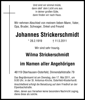 Traueranzeige von Johannes Strickerschmidt von Tageszeitung