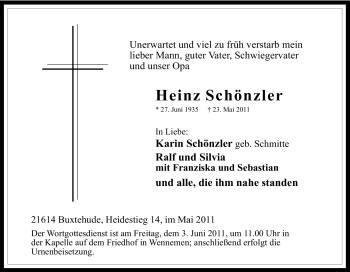 Traueranzeige von Heinz Schönzler von Tageszeitung