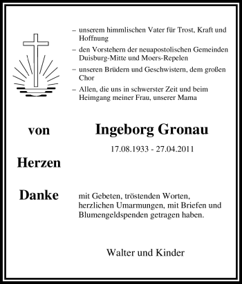 Traueranzeige von Ingeborg Gronau von Tageszeitung