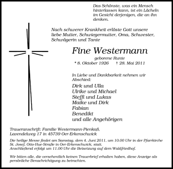 Traueranzeige von Fine Westermann von Tageszeitung
