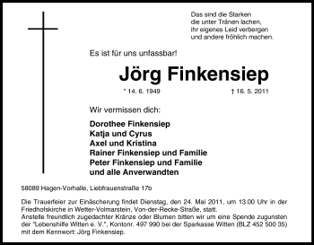Traueranzeige von Jörg Finkensiep von Tageszeitung