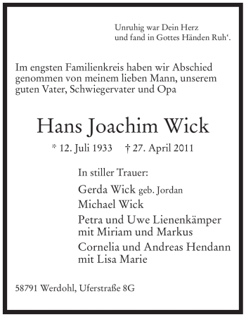 Traueranzeige von Hans Joachim Wick von Tageszeitung