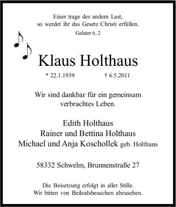 Traueranzeige von Klaus Holthaus von Tageszeitung
