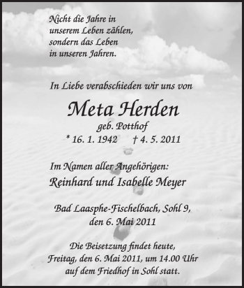 Traueranzeige von Meta Herden von Tageszeitung