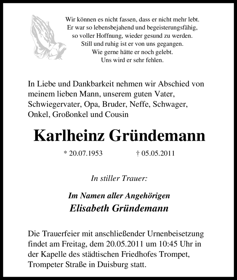  Traueranzeige für Karlheinz Gründemann vom 18.05.2011 aus Tageszeitung