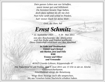 Traueranzeige von Ernst Schmitz von Tageszeitung