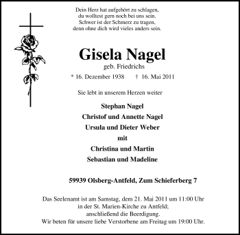 Traueranzeige von Gisela Nagel von Tageszeitung