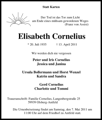 Traueranzeige von Elisabeth Cornelius von Tageszeitung