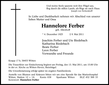 Traueranzeige von Hannelore Ferber von Tageszeitung