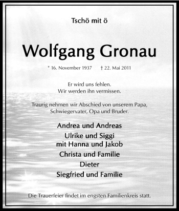 Traueranzeige von Wolfgang Gronau von Tageszeitung