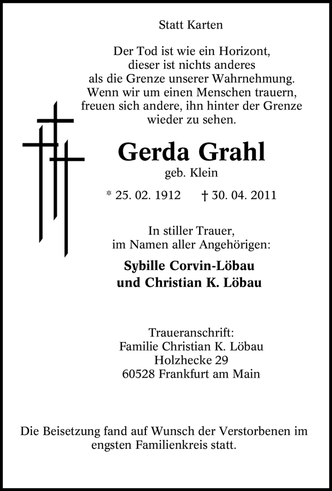  Traueranzeige für Gerda Grahl vom 06.05.2011 aus Tageszeitung